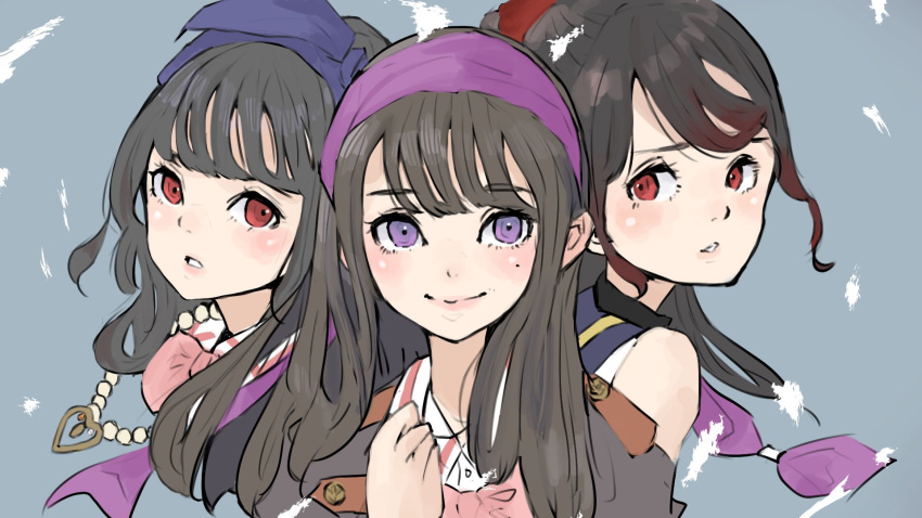 3girls assault_lily bangs bare_shoulders black_hair blue_bow blue_hairband blue_sailor_collar blush bow bow_hairband bowtie brown_hair brown_jacket closed_mouth collared_shirt commentary_request cropped_torso gradient_hair grey_background hair_bow hair_ribbon hairband hand_up heart_pendant highres jacket jewelry kishimoto_maria_mirai kuroki_francisca_yuria long_hair looking_at_another looking_to_the_side ludvico_private_girls'_academy_school_uniform mole mole_under_eye multicolored_hair multiple_girls nagasawa_yuki_(assault_lily) neckerchief necklace odaiba_girls_high_school_uniform parted_lips pearl_necklace pendant pink_bow pink_bowtie ponytail portrait purple_hairband purple_neckerchief purple_ribbon red_eyes ribbon sailor_collar sally_(allogkk) school_uniform shirt sidelocks sideways_glance sleeveless sleeveless_shirt smile two-tone_hair violet_eyes white_shirt