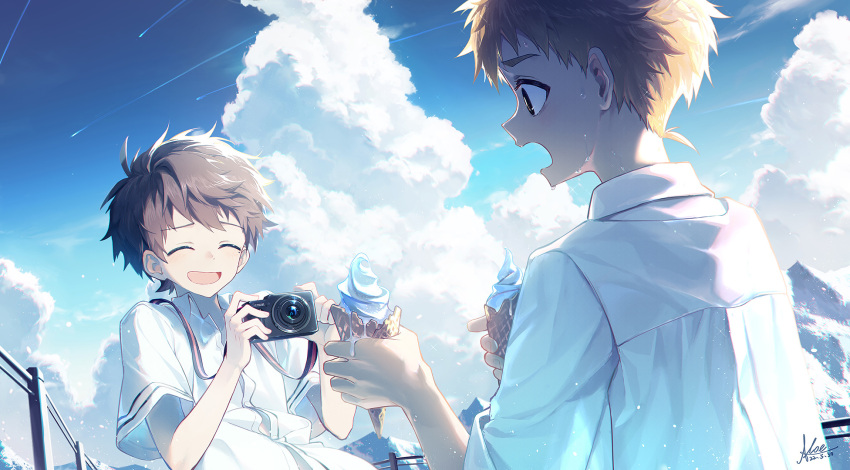 2boys bishounen blonde_hair blue_sky brown_hair buttons camera child closed_eyes clouds collared_shirt food highres holding holding_camera ice_cream koe_(mixpi) male_child male_focus multiple_boys open_mouth original petals school_uniform shirt short_hair sky smile soft_serve sweat