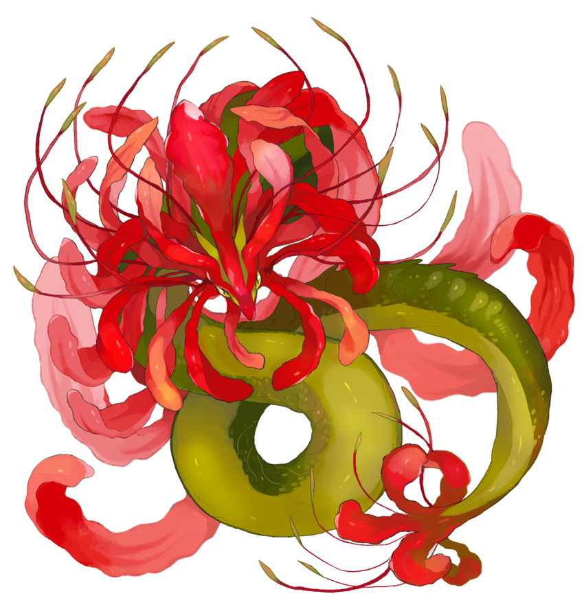 animal animal_focus dragon eastern_dragon flower full_body green_eyes highres looking_at_viewer no_humans omarumaru original red_flower simple_background solo spider_lily white_background