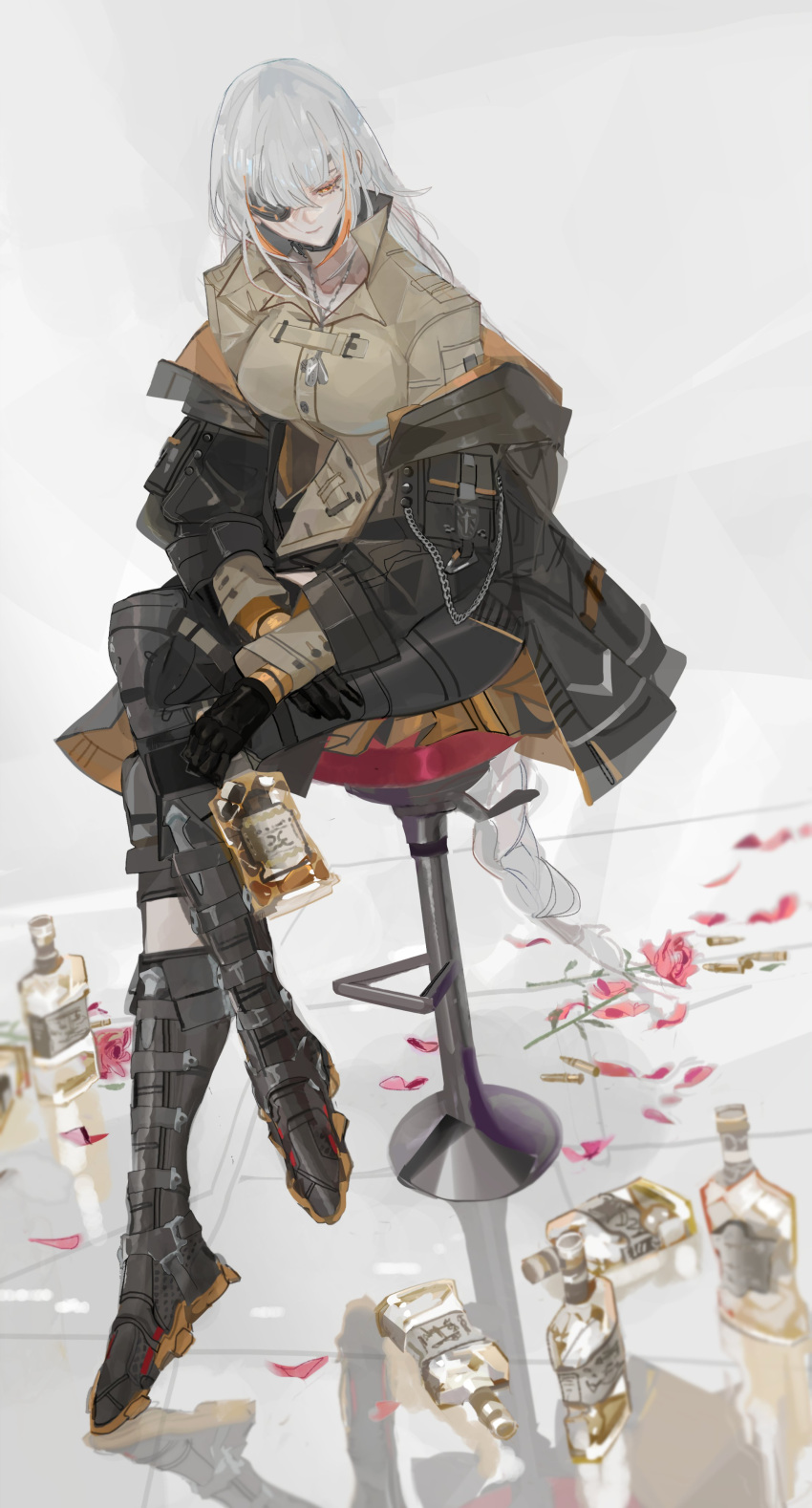 1girl absurdres alcohol beer_bottle black_gloves boots braid braided_ponytail crossed_legs dog_tags eyepatch flower full_body girls_frontline gloves highres jacket jewelry liquor long_hair m16a1_(boss)_(girls'_frontline) m16a1_(girls'_frontline) multicolored_hair necklace nslacka off_shoulder on_stool open_clothes open_jacket petals scar scar_across_eye scar_on_face sitting solo stool streaked_hair white_hair