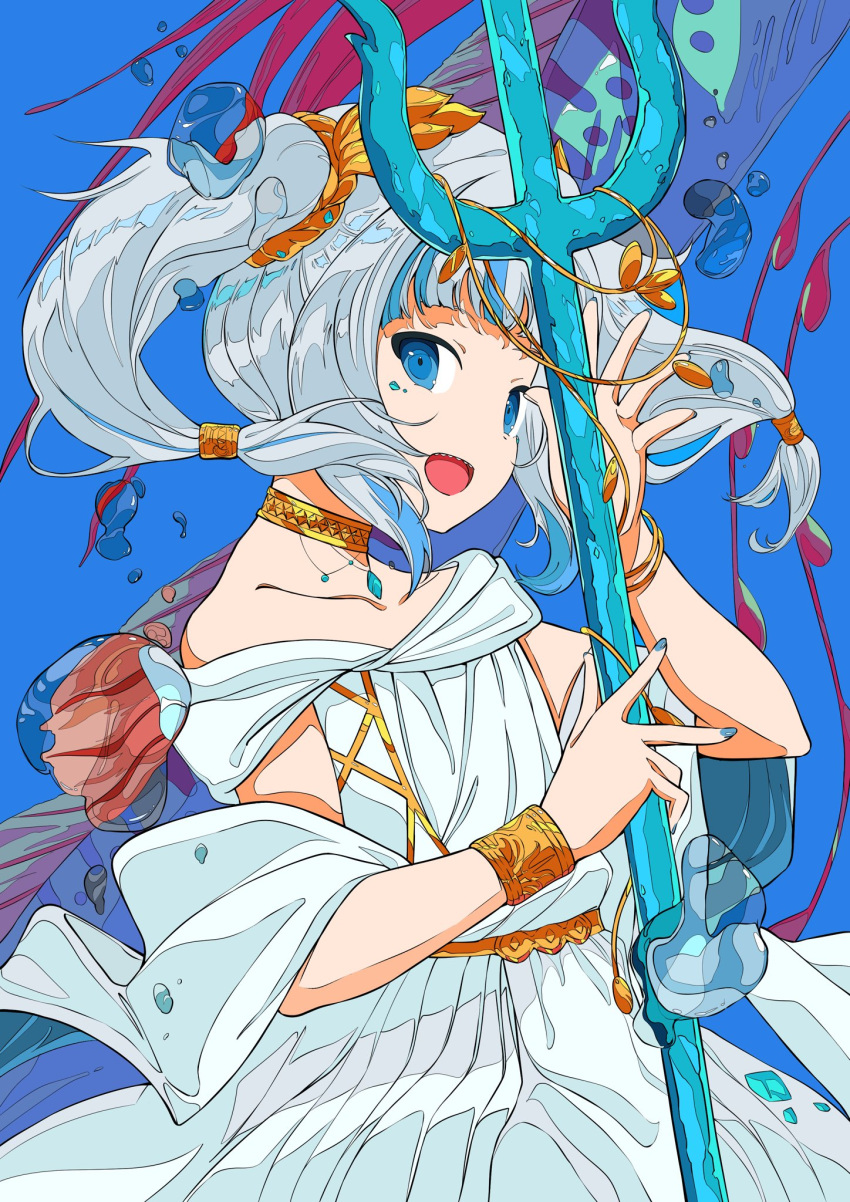 1girl bangs bare_shoulders blue_background blue_eyes bracelet collarbone dress gawr_gura gem gold_choker grey_hair highres holding_trident hololive jewelry looking_at_viewer multicolored_hair polearm sharp_teeth solo streaked_hair teeth trident upper_body water_drop weapon white_dress xtango