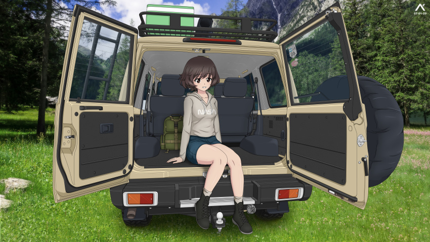 absurdres acrux akiyama_yukari ankle_boots artist_logo backpack bag bangs black_footwear blue_skirt blue_sky boots brown_eyes brown_hair car casual clouds cloudy_sky commentary dated day drawstring english_commentary forest girls_und_panzer grass grey_hoodie grey_skirt grin ground_vehicle highres hood hood_down hoodie messy_hair miniskirt motor_vehicle nasa_logo nature outdoors photo_background short_hair sitting skirt sky smile sports_utility_vehicle