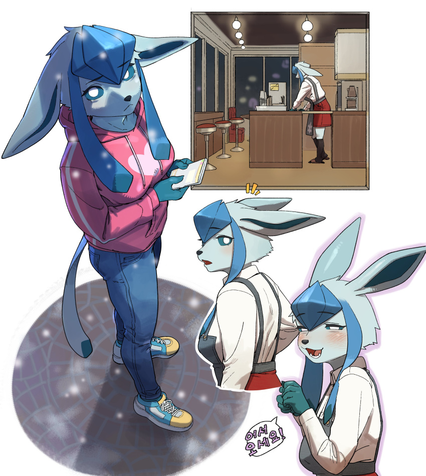 1girl :&lt; absurdres animal_ears barista blush breasts cellphone colored_sclera crystal from_above full_body glaceon gu_deulmok half-closed_eyes highres hood hoodie indoors large_breasts looking_at_viewer looking_up phone pokemon skirt smartphone snowing tail translation_request white_background winter