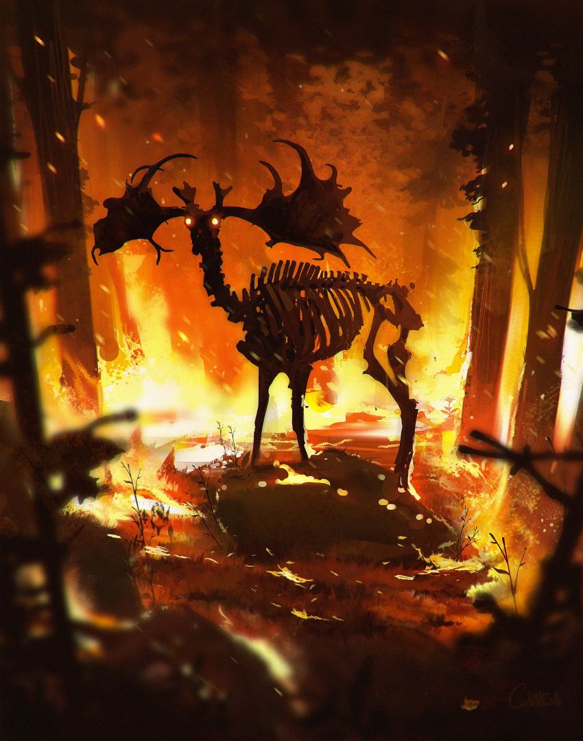animal_skeleton antlers artist_name blurry blurry_foreground commentary depth_of_field embers english_commentary fire forest glowing glowing_eyes grass highres jocelin_carmes looking_at_viewer nature no_humans original outdoors plant rock signature skeleton standing tree wildfire