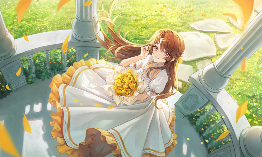 1girl bangs bouquet brown_eyes brown_hair chromatic_aberration dress falling_petals frilled_dress frills half_updo highres holding holding_bouquet layered_dress lens_flare long_hair looking_at_viewer original parted_bangs petals plus1024 short_sleeves smile solo standing wind
