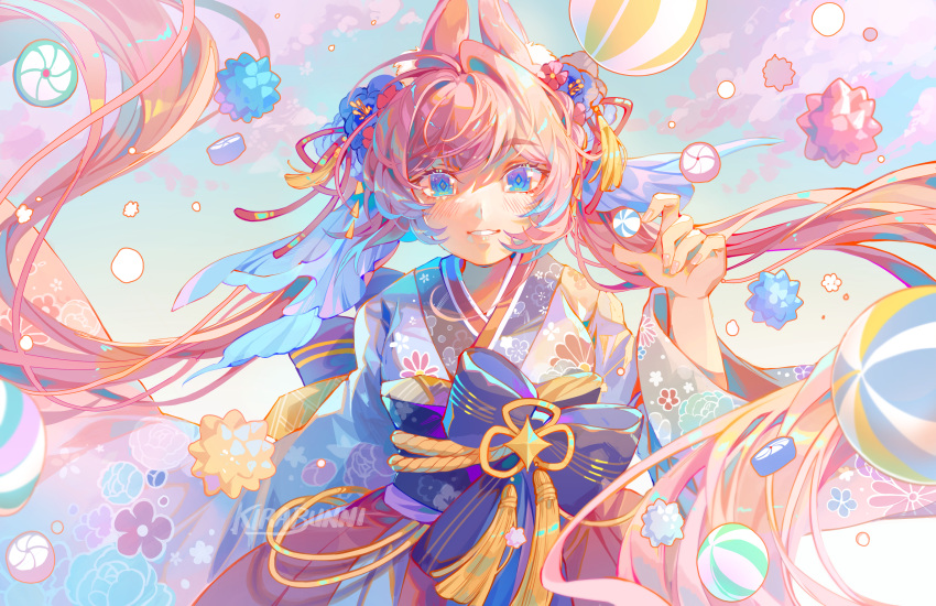 1girl absurdres ahoge animal_ears artist_name ball bangs blue_eyes blush candy commentary floating_hair flower food grin hair_intakes hair_ornament hand_up highres japanese_clothes kanzashi kimono kirabunni konpeitou long_hair long_sleeves looking_at_viewer obi original pink_hair rabbit_ears rabbit_girl sash smile solo twintails very_long_hair wide_sleeves