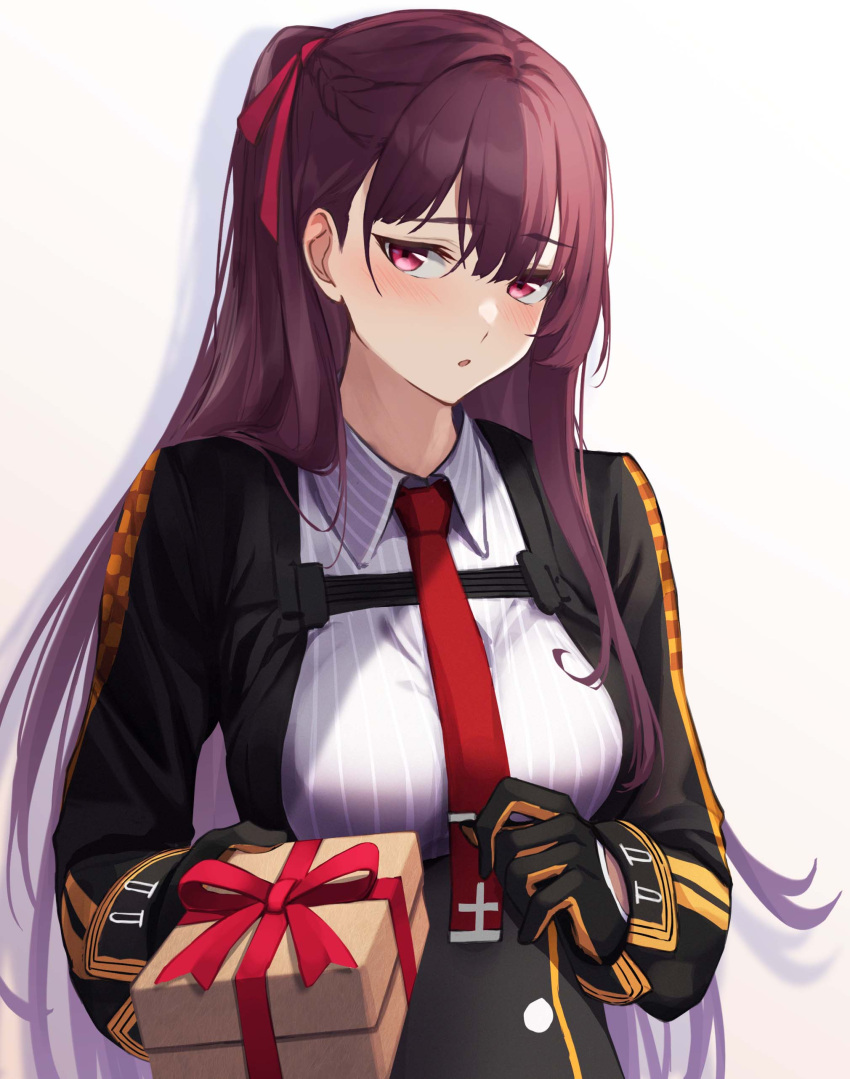 1girl 3_small_spiders absurdres black_gloves black_hair blazer box breasts collared_shirt framed_breasts gift gift_box girls_frontline gloves half_updo highres holding holding_gift jacket large_breasts necktie one_side_up print_scarf purple_hair red_eyes red_necktie scarf shirt two-tone_gloves valentine wa2000_(girls'_frontline)