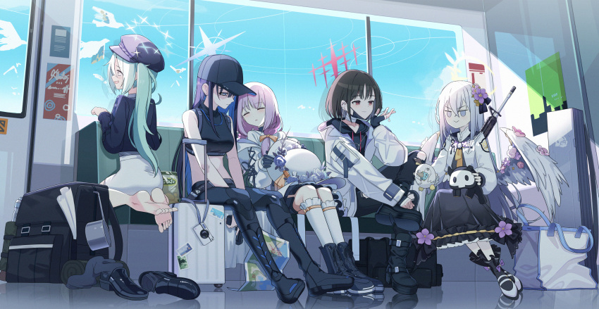 5girls :&gt; angel_wings assault_rifle atsuko_(blue_archive) azusa_(blue_archive) backpack bag bandaged_neck bandages bangs barefoot baseball_cap bird black_dress black_footwear black_hair black_hoodie black_socks blue_archive blue_eyes blue_gloves blue_hair blue_jacket blue_sailor_collar blue_sky bonnet boots bow breasts camera chips_(food) collarbone commentary crossed_bangs denim dress feathered_wings feet fingerless_gloves flower food frilled_dress frills gloves green_hair gun gun_on_back hair_between_eyes hair_bow halo handgun hat hat_flower highres hiyori_(blue_archive) holding holding_clothes holding_gun holding_hat holding_stuffed_toy holding_weapon hood hoodie jacket jeans jitome knee_boots kneeling korean_commentary loafers long_hair looking_at_another m4_carbine map medium_breasts midriff misaki_(blue_archive) mnnnya multicolored_hair multiple_girls navel neckerchief orange_bow pants peroro_(blue_archive) petticoat potato_chips purple_hair red_eyes rifle rolling_suitcase sailor_collar saori_(blue_archive) shoes shoes_removed short_hair side_ponytail sidelocks sitting sky sleeping sleeping_upright socks socks_removed soles stomach stuffed_toy suitcase tank_top toes torn_clothes torn_jeans torn_pants train_interior trigger_discipline two-tone_hair very_long_hair violet_eyes weapon weapon_on_back white_footwear white_hair white_jacket white_socks white_wings wings yellow_eyes yellow_neckerchief