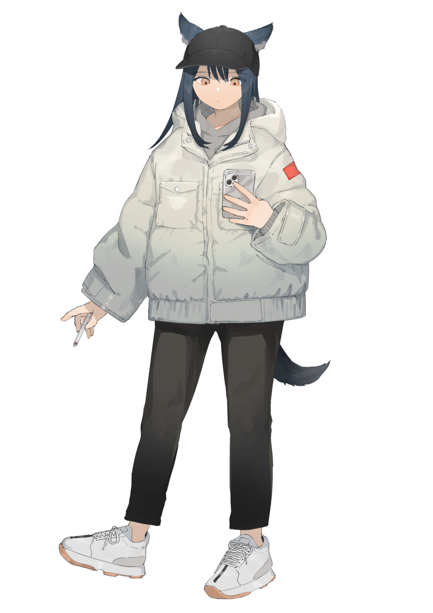 1girl alternate_costume animal_ears arknights baseball_cap black_hair black_headwear black_pants brown_eyes casual cellphone cigarette closed_mouth coat ears_through_headwear grey_coat hat highres holding holding_cigarette holding_phone hood hood_down hooded_coat kei_(a_key_kuuuun) long_hair long_sleeves looking_at_phone pants phone shoes smartphone sneakers solo tail texas_(arknights) white_footwear wolf_ears wolf_girl wolf_tail