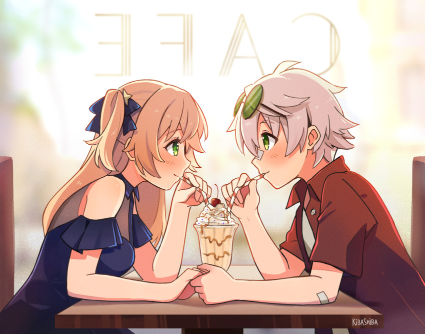 1boy 1girl alternate_costume bandaid bandaid_on_arm bandaid_on_face bandaid_on_nose bennett_(genshin_impact) blonde_hair blush booth_seating bow cafe clothing_cutout dress drinking_straw eating english_commentary english_text eyewear_on_head fischl_(genshin_impact) food genshin_impact green_eyes hair_bow hetero highres holding_hands ice_cream kibashiba long_hair looking_at_another mirrored_text open_clothes open_shirt red_shirt restaurant sharing_food shirt short_hair short_sleeves shoulder_cutout sundae two_side_up white_hair