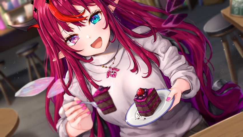 +_+ 1girl :d aqua_eyes bar_stool blueberry blurry blush breasts cake chocolate_cake crystal_wings depth_of_field detached_wings earrings fingernails food fruit grey_sweater heterochromia holding holding_plate hololive hololive_english indoors irys_(hololive) jewelry large_breasts long_fingernails long_sleeves looking_at_viewer multicolored_hair nail_polish necklace open_mouth pensuke pink_eyes pink_nails plate pointy_ears purple_hair redhead sitting smile solo stool streaked_hair sweater two-tone_hair virtual_youtuber wings
