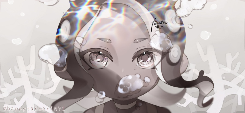 1girl air_bubble artist_name bubble choker coral covered_mouth eyes_visible_through_hair floating_hair gradient_background grey_theme highres long_hair looking_at_viewer octoling octoling_girl portrait solo splatoon_(series) splatoon_3 splatoon_3:_side_order straight-on suction_cups tambarin_inoue tentacle_hair twitter_username white_choker