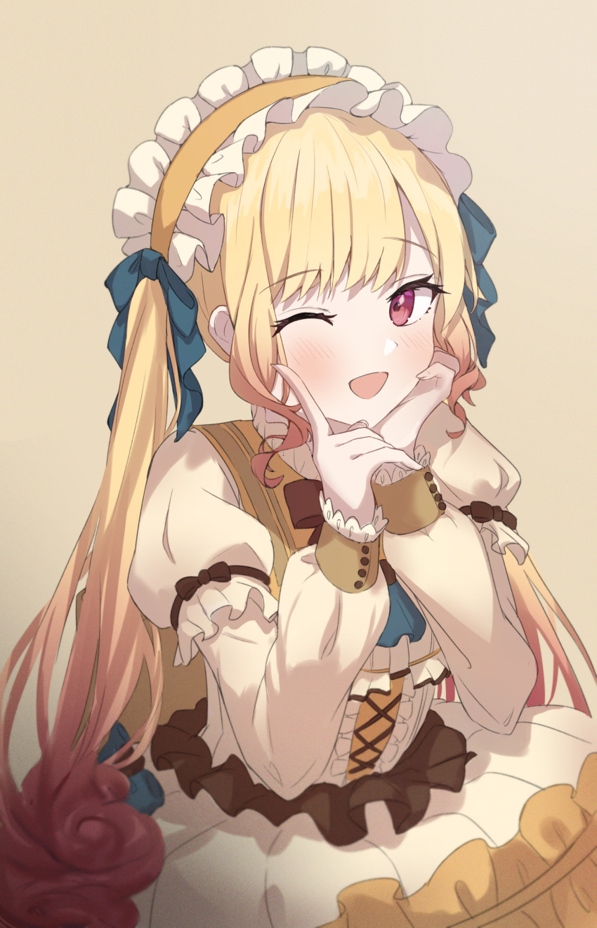 1girl :d bangs black_bow blonde_hair blue_bow blush bow bowtie collared_dress cross-section dress frilled_dress frilled_hairband frills gradient_hair hair_bow hairband hand_on_own_chin highres juliet_sleeves leo/need_(project_sekai) long_hair long_sleeves looking_at_viewer moonlightlight multicolored_hair one_eye_closed open_mouth pointing project_sekai puffy_sleeves red_eyes redhead sidelocks simple_background smile solo tenma_saki twintails upper_body valentine yellow_background yellow_dress