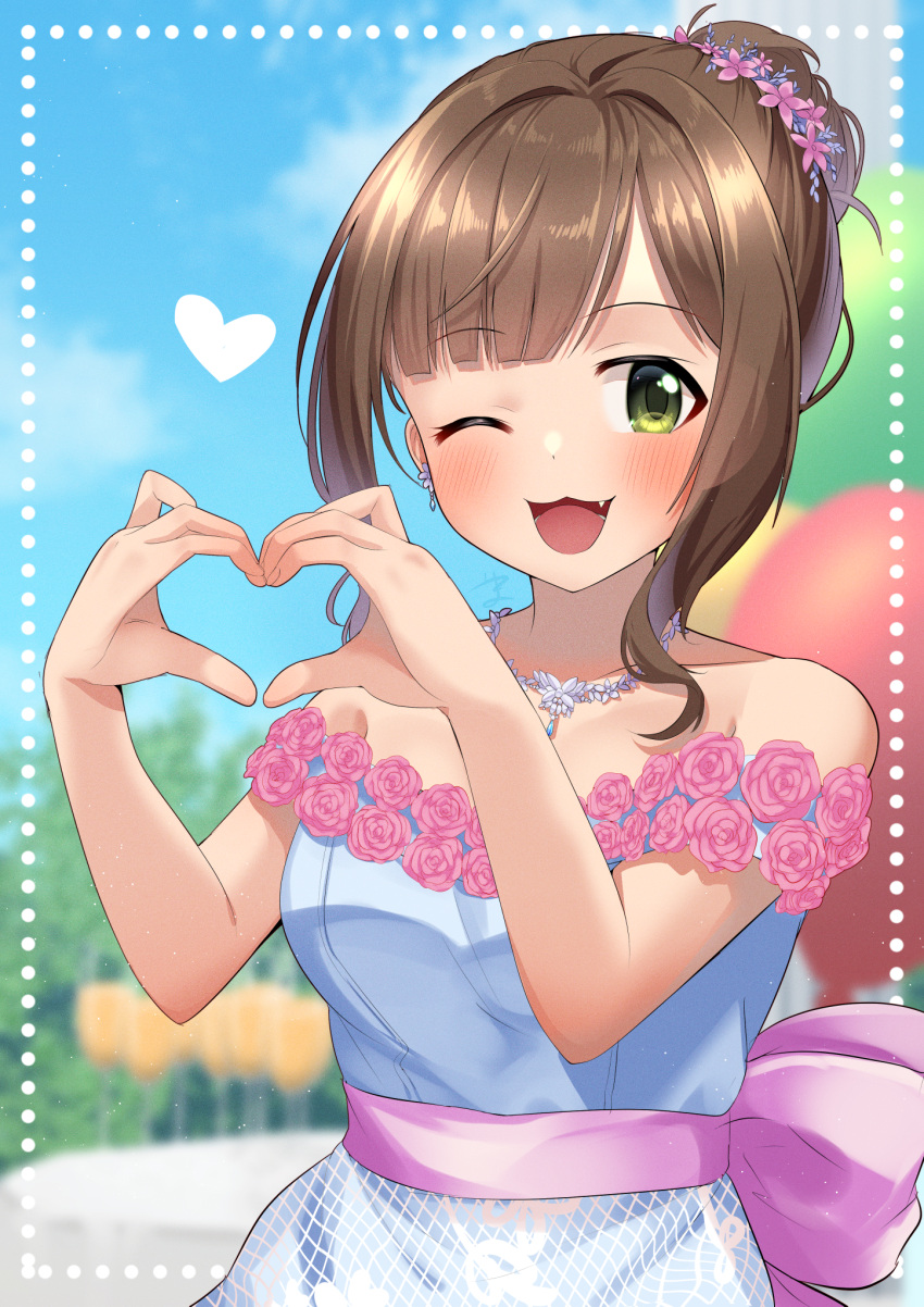 1girl :3 back_bow balloon bangs blunt_bangs blurry blurry_background blush bow brown_hair cup day dress dress_flower drinking_glass earrings fang flower green_eyes hair_bun hair_flower hair_ornament heart heart_hands highres idolmaster idolmaster_cinderella_girls jewelry looking_at_viewer maekawa_miku necklace off-shoulder_dress off_shoulder one_eye_closed open_mouth outdoors rose sash sky smile solo swepot
