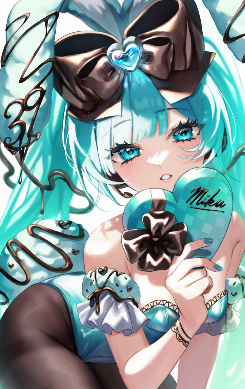 1girl absurdres black_bow black_pantyhose blue_eyes blue_hair blue_leotard blue_nails bow box chocolate commentary detached_sleeves hair_bow hatsune_miku heart-shaped_box highres leotard long_hair looking_at_viewer pantyhose parted_lips pink_lips playboy_bunny solo ste_sou25 twintails valentine vocaloid