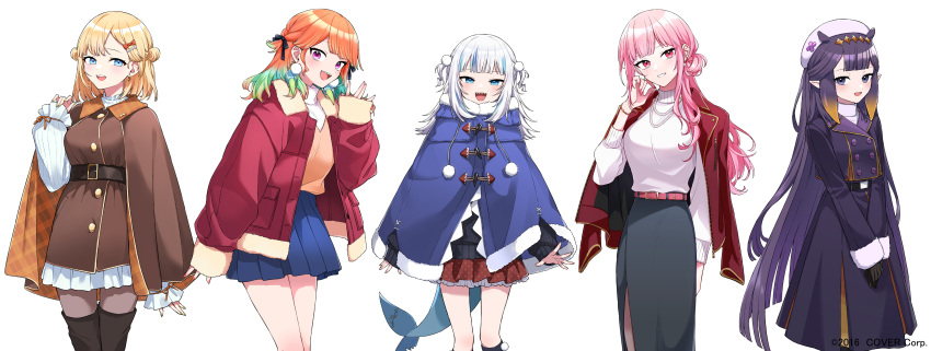 5girls :d absurdres aneco_(westsea1227) bangs belt beret black_hair black_sweater blonde_hair blue_capelet blue_eyes blue_hair blue_skirt blunt_bangs bob_cut bracelet brown_capelet brown_jacket capelet casual coat coat_on_shoulders double_bun fingernails fish_tail frilled_sleeves frills gawr_gura gloves gradient_hair green_hair grey_eyes grey_hair grey_skirt grin hair_bun hair_ornament hair_ribbon hairpin happy_valentine hat highres hololive hololive_english holomyth jacket jewelry kneehighs long_hair long_skirt looking_at_viewer medium_hair mole mole_under_eye mori_calliope multicolored_hair multiple_girls nail_polish ninomae_ina'nis official_alternate_costume official_alternate_hairstyle official_art orange_hair peacoat pink_eyes pink_hair pink_nails pleated_skirt pointy_ears poncho ponytail purple_coat purple_hair red_coat red_jacket red_skirt ribbon shark_girl shark_tail sharp_teeth short_hair skirt smile socks straight_hair streaked_hair sweater tail takanashi_kiara teeth tentacle_hair thigh-highs turtleneck two_side_up upper_teeth_only very_long_hair violet_eyes virtual_youtuber watson_amelia waving white_sweater