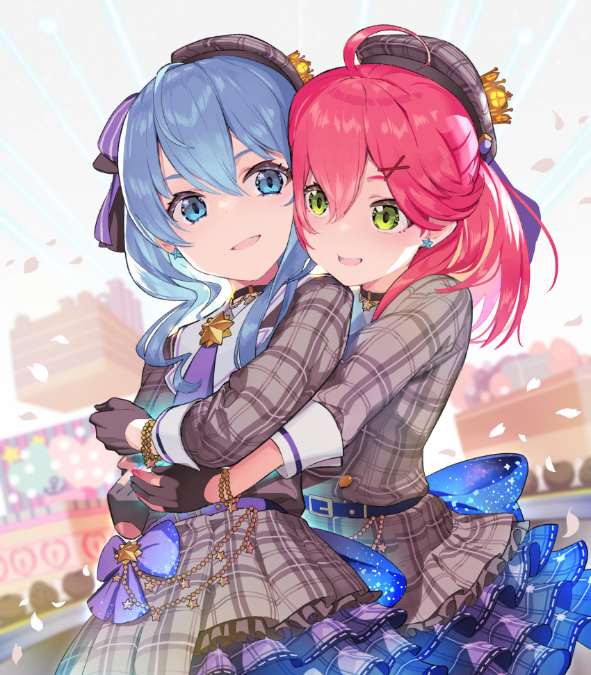2girls absurdres beret black_gloves blue_eyes blue_hair bracelet brooch commentary_request crown earrings frilled_skirt frills gloves green_eyes grey_shirt grey_skirt hair_ornament hairclip hat highres hololive hoshimachi_suisei hug hug_from_behind jewelry kannougame long_sleeves looking_at_another mini_crown multiple_girls nail_polish necktie open_mouth outdoors partially_fingerless_gloves petals pink_hair pink_nails plaid plaid_shirt plaid_skirt purple_necktie sakura_miko shirt short_hair skirt smile stage star_(symbol) star_brooch star_earrings star_in_eye symbol_in_eye upper_body virtual_youtuber