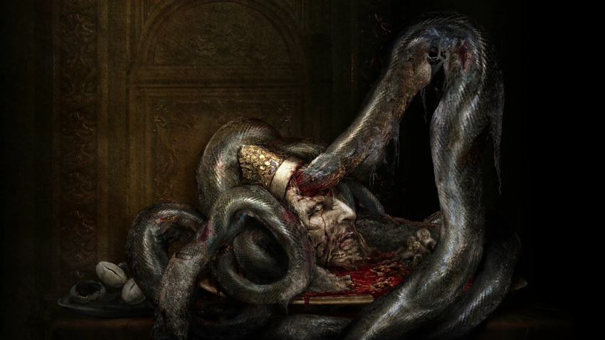 1boy absurdres animal artist_request blood blood_on_face blood_splatter crown death eating egg elden_ring game_screenshot god-devouring_serpent highres ledge official_art patterned rykard_lord_of_blasphemy snake third-party_source tray wooden_wall yellow_eyes
