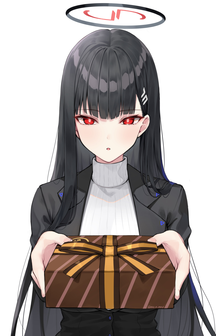 1girl absurdres black_hair blazer blue_archive box expressionless gift gift_box hairy halo highres hime_cut jacket long_hair looking_at_viewer mono_(mo_n_mno) open_mouth red_eyes rio_(blue_archive) simple_background solo sweater turtleneck turtleneck_sweater white_background
