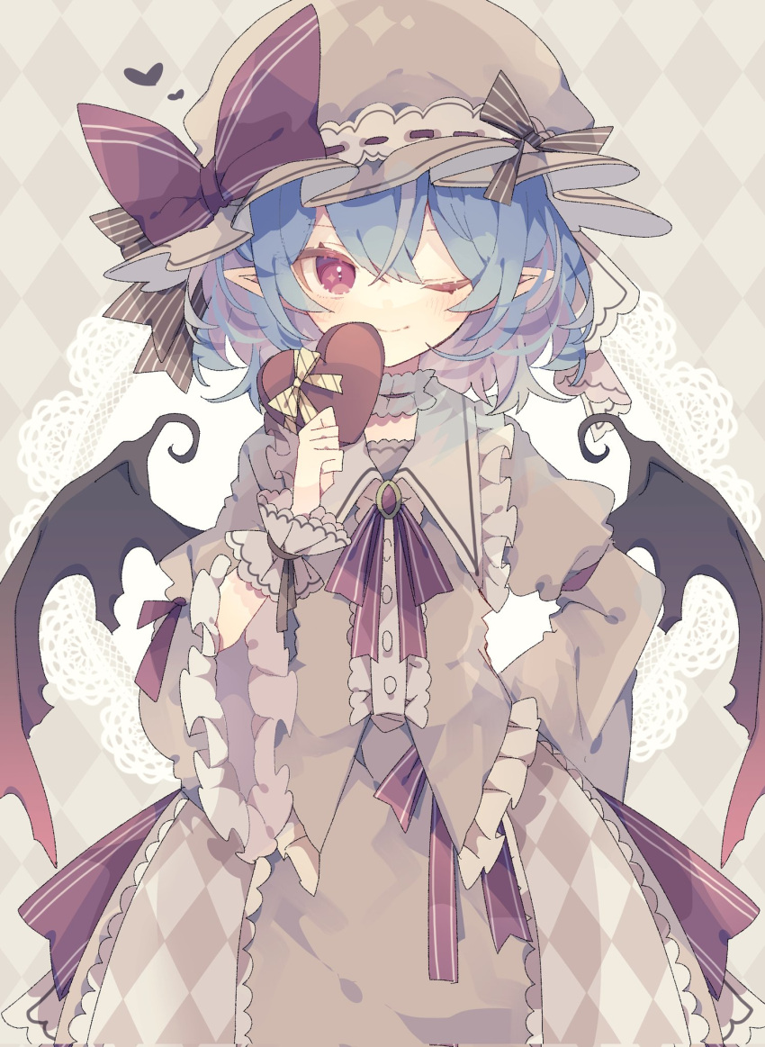 1girl argyle argyle_background bangs bat_wings black_wings blue_hair blush box brooch brown_headwear brown_shirt brown_skirt buttons closed_mouth collared_shirt doily frilled_shirt_collar frilled_sleeves frills gift gift_box hair_between_eyes hat heart heart-shaped_box highres holding holding_gift jewelry long_sleeves looking_at_viewer mob_cap nikorashi-ka one_eye_closed pointy_ears red_eyes remilia_scarlet shirt short_hair skirt smile solo touhou upper_body valentine wide_sleeves wings wrist_cuffs