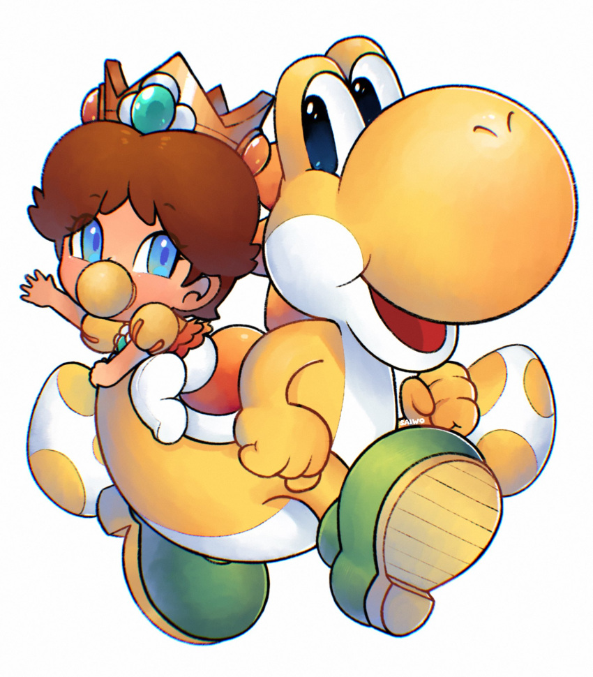 1girl baby_daisy blue_eyes boots brown_hair crown diaper dress highres looking_at_viewer open_mouth orange_dress pacifier pantyhose saiwoproject shell short_hair simple_background super_mario_bros. white_background white_pantyhose yoshi yoshi_egg