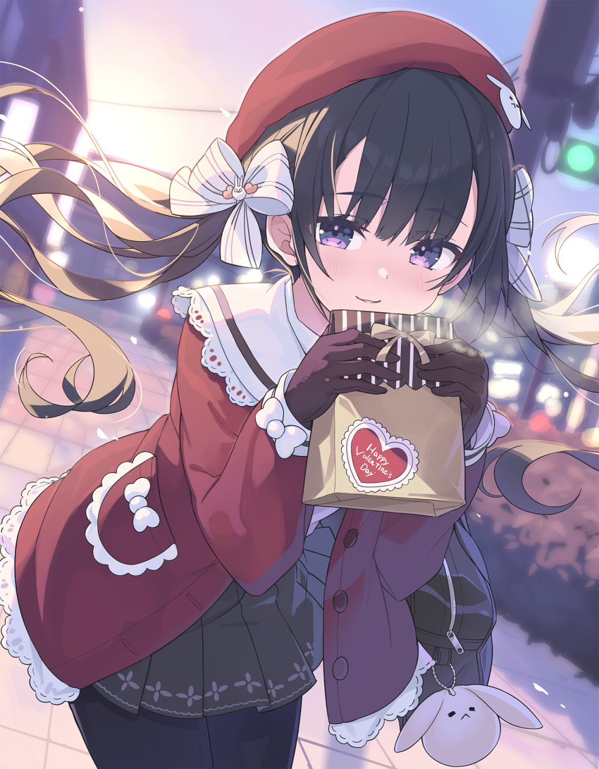 1girl bag bangs beret black_gloves black_hair black_skirt blurry blurry_background blush bow breath commentary_request depth_of_field floating_hair gift_bag gloves hair_between_eyes hair_bow hands_up happy_valentine hat heart highres holding holding_bag jacket leaning_forward long_hair long_sleeves looking_at_viewer open_clothes open_jacket original outdoors paper_bag parted_lips pleated_skirt puffy_long_sleeves puffy_sleeves red_headwear red_jacket school_bag school_uniform shirt skirt smile solo striped striped_bow sunset tam-u traffic_light twintails valentine very_long_hair violet_eyes white_bow white_shirt