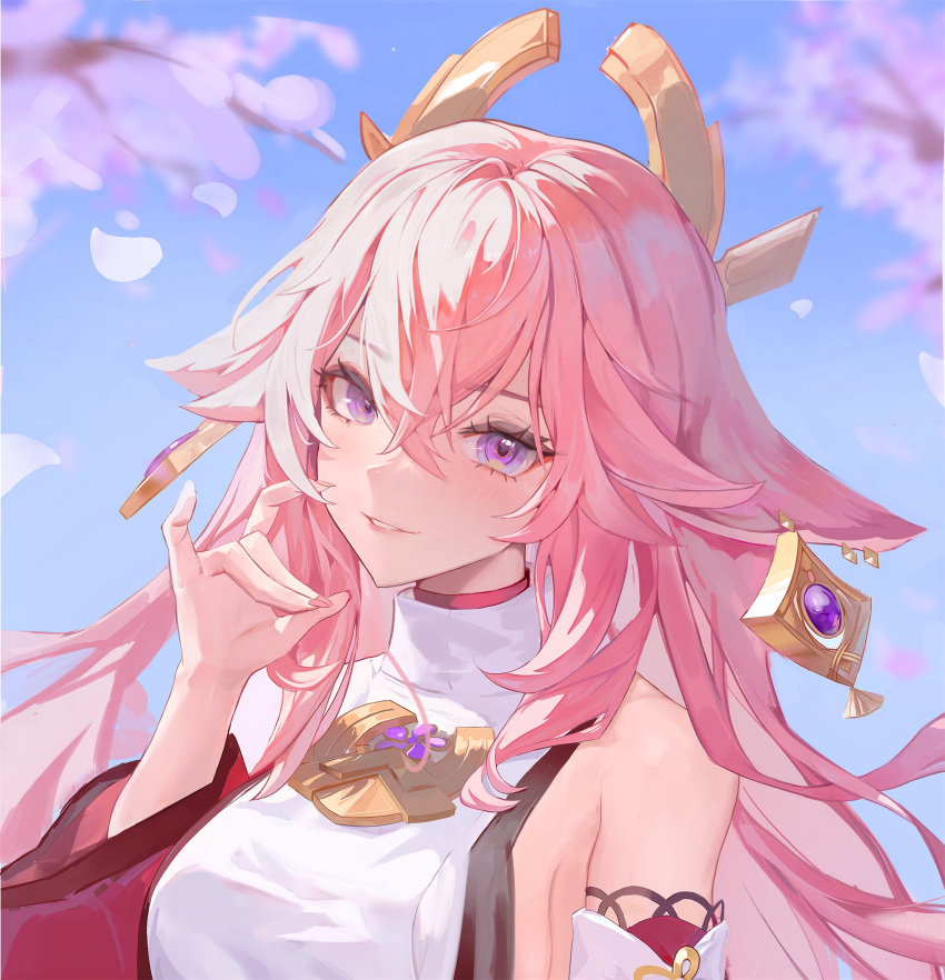 1girl animal_ears bad_link bangs bare_shoulders breasts cherry_blossoms crossed_bangs detached_sleeves earrings fox_ears fox_shadow_puppet genshin_impact hair_between_eyes highres japanese_clothes jewelry large_breasts long_hair looking_at_viewer nontraditional_miko parted_lips pink_hair pink_nails shirt sideboob sleeveless sleeveless_shirt smile solo ssr_(azmr2828) turtleneck upper_body violet_eyes white_shirt white_sleeves wide_sleeves yae_miko