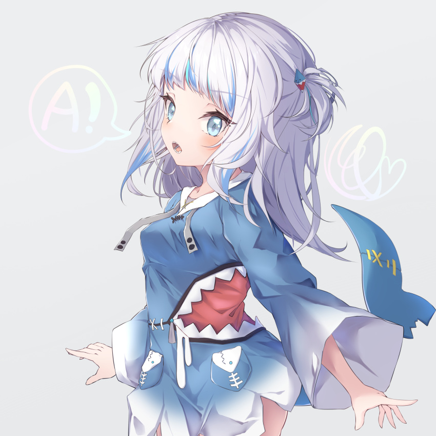 1girl a_(phrase) absurdres bangs blue_eyes blue_hair blue_hoodie breasts commentary drawstring fish_tail gawr_gura grey_background grey_hair hair_ornament heart highres hololive hololive_english hood hood_down hoodie long_sleeves looking_at_viewer multicolored_hair open_mouth ponta_(velmar) shark_tail sharp_teeth simple_background small_breasts solo standing streaked_hair symbol-only_commentary tail teeth two_side_up virtual_youtuber wide_sleeves