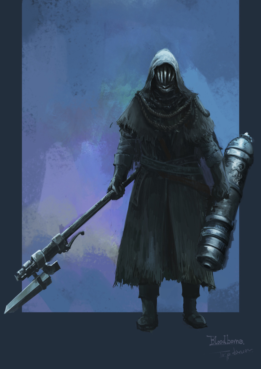 1other ambiguous_gender artist_name boots cloak copyright_name facing_viewer full_body gloves helm helmet highres holding holding_cannon holding_polearm holding_weapon hood hood_up hooded_cloak multicolored_background polearm tripdancer weapon