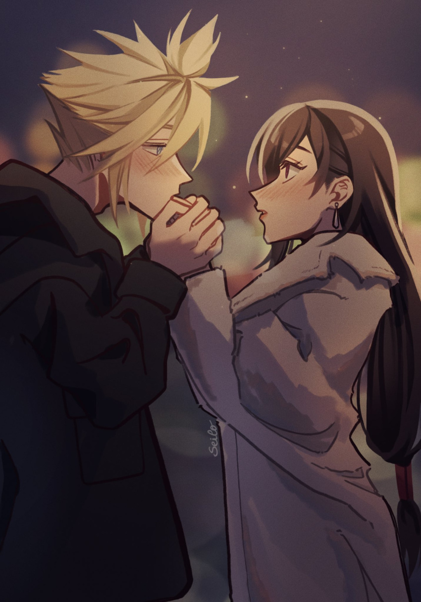 1boy 1girl bangs black_hair black_jacket blonde_hair blue_eyes blush brown_hair city_lights cloud_strife coat couple earrings english_commentary eye_contact final_fantasy final_fantasy_vii final_fantasy_vii_remake from_side grey_coat hair_behind_ear hetero highres holding_hands jacket jewelry long_hair long_sleeves looking_at_another low-tied_long_hair night outdoors red_eyes seilidare single_earring spiky_hair tifa_lockhart upper_body