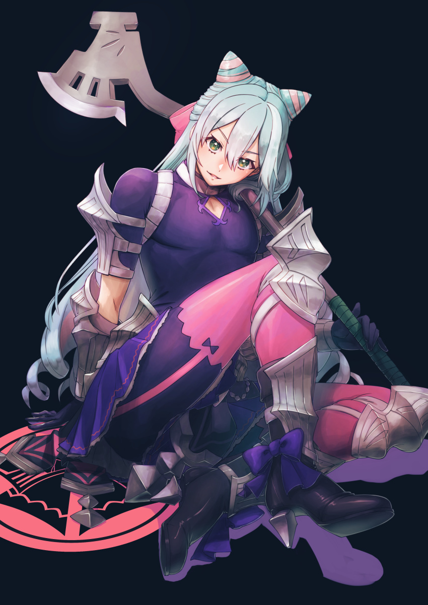 1boy absurdres aduti_momoyama androgynous arm_behind_back arm_guards arm_support armor axe bangs black_footwear blue_background blue_hair boots bow clothing_cutout collar cone_hair_bun crossdressing diamond_cutout double_bun drill_hair drop_shadow eyes_visible_through_hair fire_emblem fire_emblem_engage footwear_bow gloves green_eyes green_pupils hair_between_eyes hair_bow hair_bun half_updo high_heel_boots high_heels highres holding holding_axe knee_pads light_blue_hair long_hair looking_at_viewer male_focus metal_collar miniskirt multicolored_eyes multicolored_hair orange_eyes otoko_no_ko over_shoulder pantyhose pectoral_cleavage pectorals pink_bow pink_hair pink_pantyhose pleated_skirt purple_bow purple_gloves purple_skirt rosado_(fire_emblem) short_sleeves simple_background sitting skindentation skirt smile solo two-tone_hair very_long_hair weapon weapon_over_shoulder