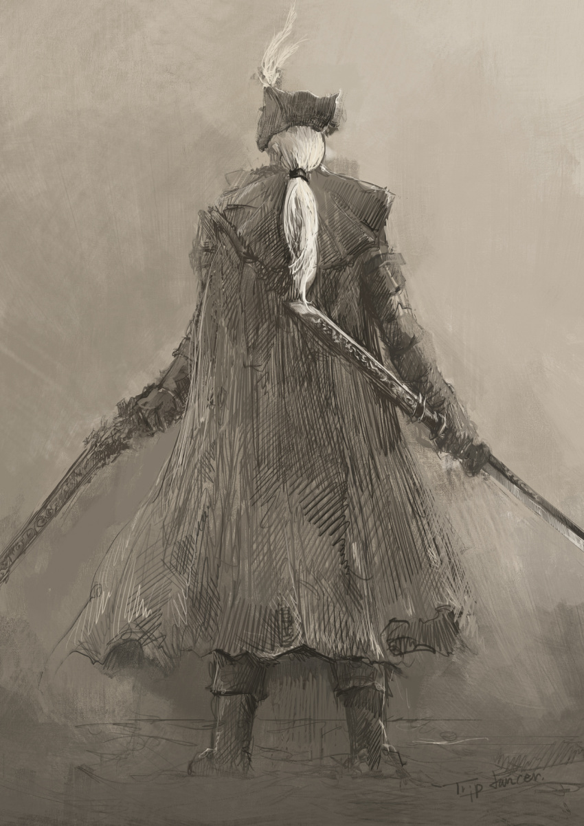 1girl bloodborne boots cape from_behind gloves gun hat hat_feather highres holding holding_gun holding_sword holding_weapon lady_maria_of_the_astral_clocktower long_hair monochrome ponytail solo standing sword tricorne tripdancer weapon