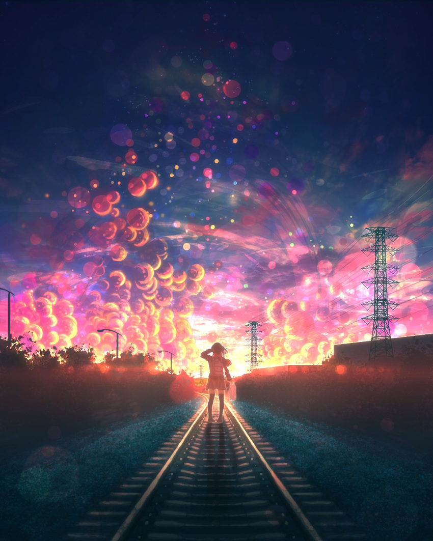 1girl backpack bag blue_sky commentary_request gradient_sky hand_up highres holding long_sleeves looking_away orange_sky original outdoors pleated_skirt power_lines railroad_tracks scenery school_uniform short_hair shoujou_(illust_primete) skirt sky solo sunset thigh-highs transmission_tower valentine