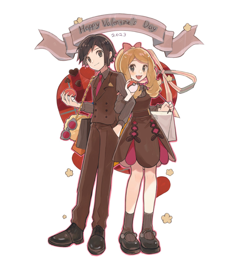 1boy 1girl alternate_costume bag black_footwear black_hair blonde_hair brown_dress calem_(pokemon) candy chocolate dated dress food full_body hand_in_pocket happy_valentine heart heart-shaped_chocolate highres holding holding_poke_ball locked_arms necktie official_alternate_costume open_mouth poke_ball poke_ball_(basic) pokemon pokemon_(game) pokemon_masters_ex ponytail serena_(palentine's_2021)_(pokemon) serena_(pokemon) simple_background smile standing sunglasses tyou08665851 valentine white_background