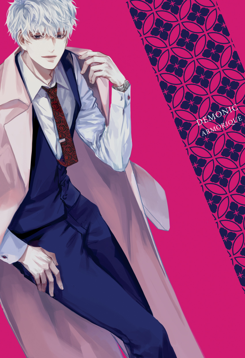 1boy absurdres bangs blue_pants coat commentary english_commentary english_text highres joshua_von_arnim long_sleeves male_focus overcoat pants pink_background simple_background smile solo tales_weaver tatam_(mmigaya) vest_over_shirt watch watch white_hair