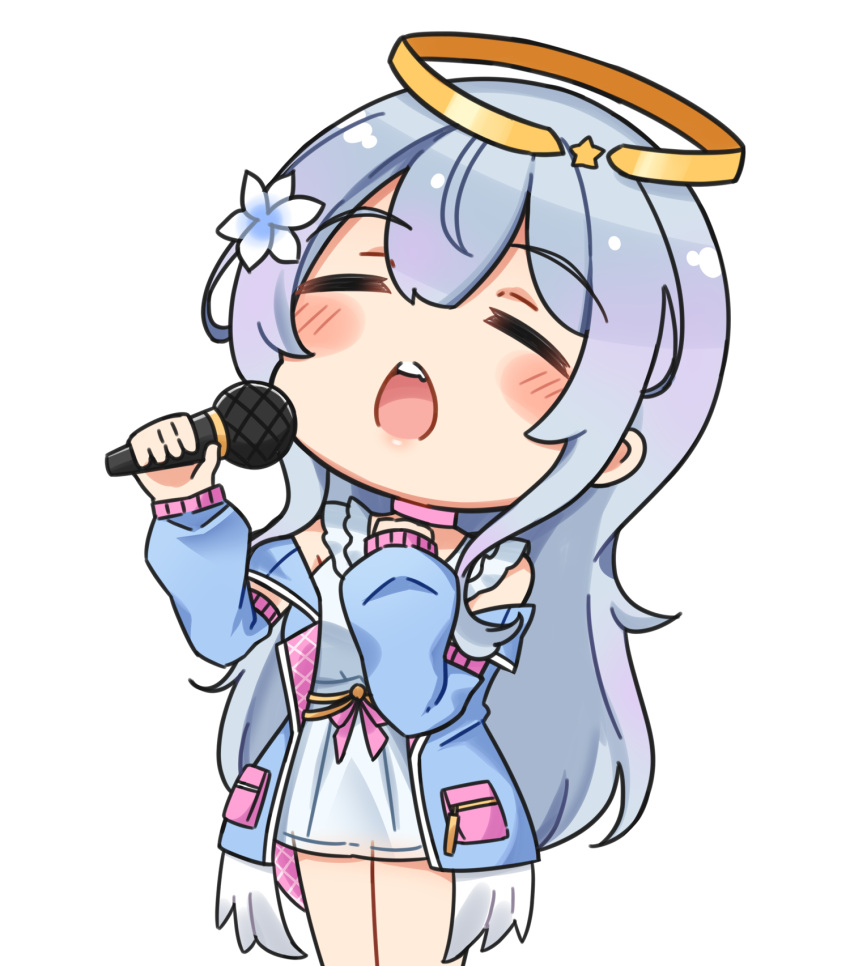 1girl bangs blue_jacket blush_stickers closed_eyes copyright_request dress facing_viewer feathered_wings flower grey_hair hair_between_eyes hair_flower hair_ornament halo hands_up highres holding holding_microphone jacket long_hair long_sleeves low_wings microphone off_shoulder open_clothes open_jacket open_mouth puffy_long_sleeves puffy_sleeves rutorifuki simple_background sleeveless sleeveless_dress sleeves_past_wrists solo standing very_long_hair virtual_youtuber white_background white_dress white_flower white_wings wings