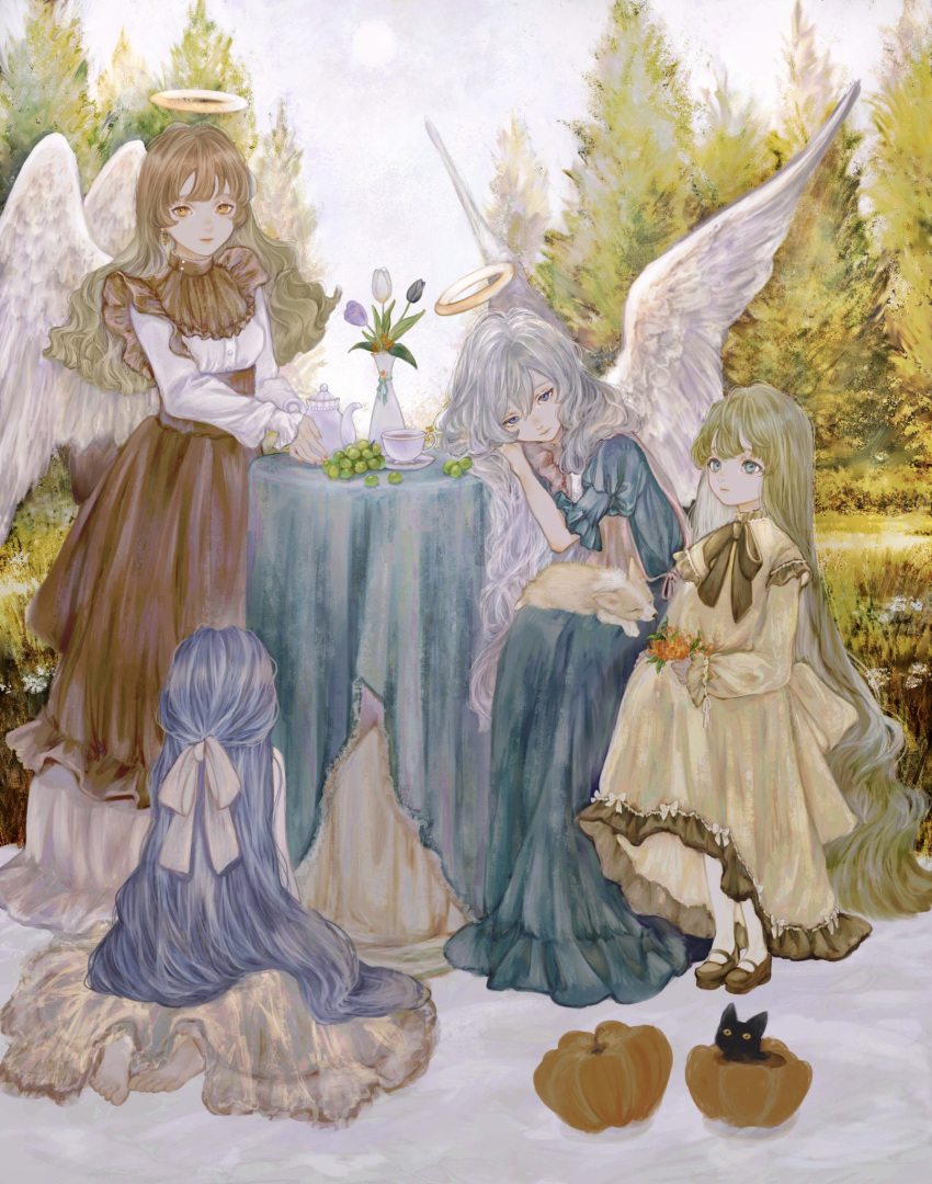 4girls angel angel_wings aqua_eyes barefoot black_cat blue_dress blue_eyes blue_hair bow bowtie brown_dress brown_hair cat commentary_request cup day dog dress earrings expressionless feathered_wings flower food fruit grapes green_hair grey_dress grey_hair hair_ribbon halo head_rest highres jewelry long_hair looking_at_viewer mary_janes multiple_girls nature orange_eyes orange_nails original outdoors pumpkin ribbon shirone_(coxo_ii) shoes sitting sky standing table teacup teapot tree tulip vase very_long_hair wavy_hair white_ribbon white_wings wings yellow_dress