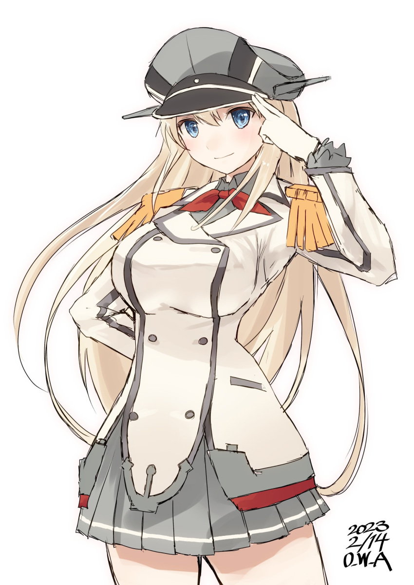 1girl artist_name beret bismarck_(kancolle) blonde_hair blue_eyes breasts buttons cosplay dated double-breasted epaulettes frilled_sleeves frills gloves grey_skirt hat highres jacket kantai_collection kashima_(kancolle) kashima_(kancolle)_(cosplay) large_breasts long_hair long_sleeves looking_at_viewer military military_jacket military_uniform miniskirt neckerchief one-hour_drawing_challenge owa_(ishtail) peaked_cap pleated_skirt red_neckerchief simple_background skirt solo uniform white_background white_gloves white_jacket