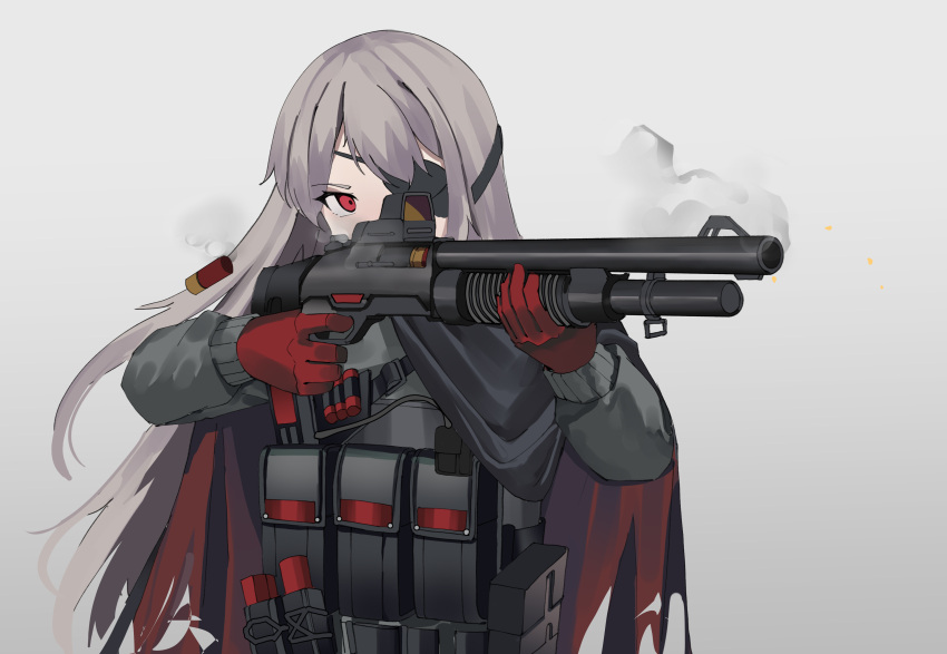 1girl absurdres black_jacket commentary covered_mouth evelyn_(girls'_frontline_nc) eyepatch gar32 girls'_frontline_neural_cloud gloves grey_background grey_hair gun highres holding holding_gun holding_weapon jacket long_hair long_sleeves red_eyes red_gloves shotgun shotgun_shell simple_background smoke solo upper_body very_long_hair weapon weapon_request