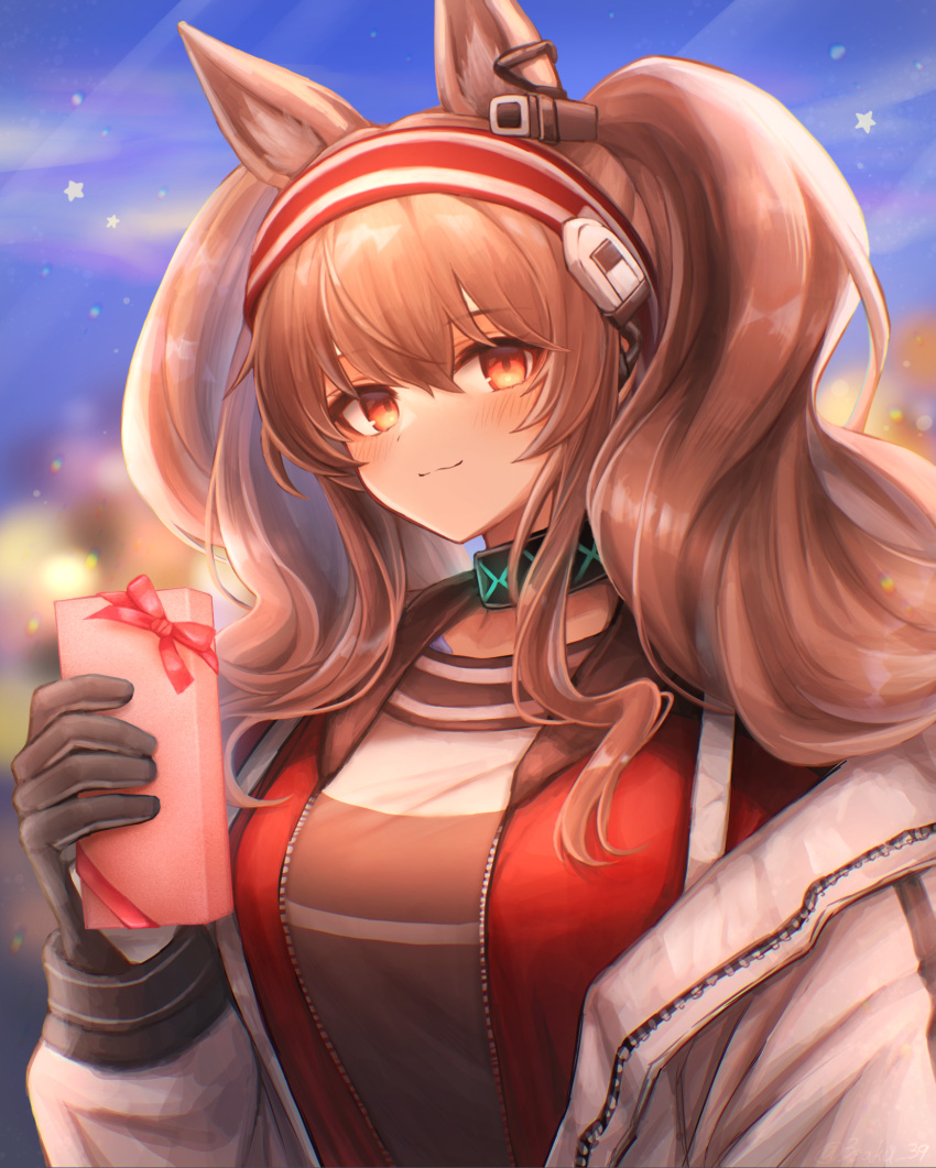 1girl 3_(sanyako1) angelina_(arknights) animal_ears arknights black_gloves black_shirt blurry blurry_background blush breasts closed_mouth coat collar depth_of_field fox_ears gift gloves hairband highres holding holding_gift infection_monitor_(arknights) jacket large_breasts long_hair long_sleeves looking_at_viewer open_clothes open_coat open_jacket red_eyes red_hairband red_jacket shirt sidelocks smile solo twintails upper_body valentine very_long_hair white_coat