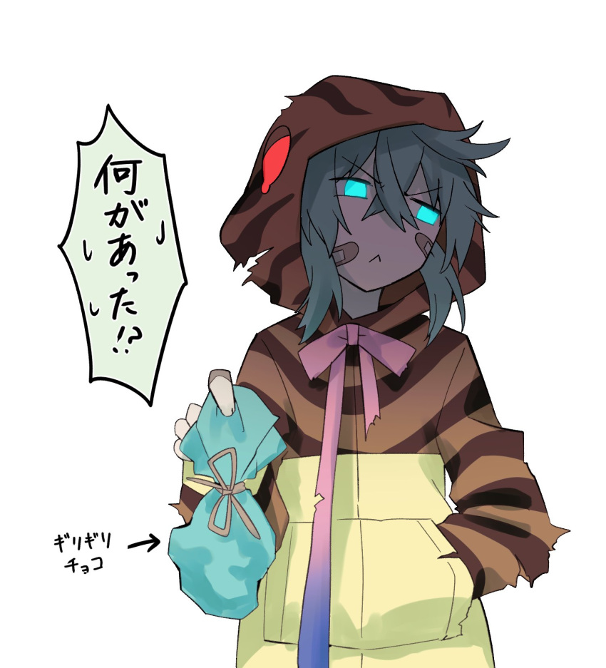 1girl bandaid bandaid_on_face blue_eyes blue_hair bow bowtie brown_hoodie commentary_request highres hood hood_up hoodie isobee kemono_friends long_sleeves looking_at_viewer obligation_chocolate pink_bow pink_bowtie print_hoodie short_hair sidelocks snake_print solo translation_request tsuchinoko_(kemono_friends) two-tone_hoodie yellow_hoodie