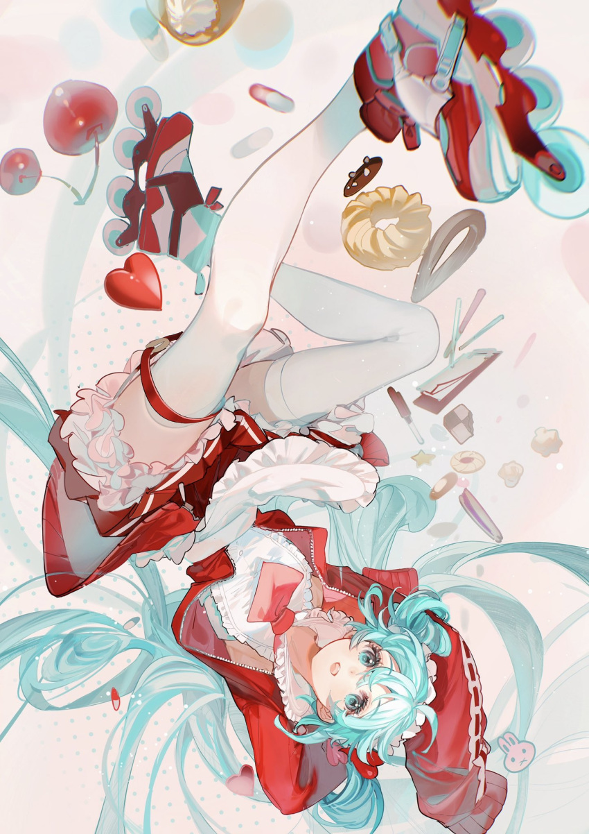 1girl :d apron aqua_eyes aqua_hair cherry cookie floating floating_hair food fruit hatsune_miku heart highres inline_skates jacket long_hair looking_at_viewer maid_apron maid_headdress neckerchief pleated_skirt red_jacket red_neckerchief red_skirt roller_skates rumoon shirt skates skirt sleeveless sleeveless_shirt sleeves_past_wrists smile solo thigh-highs twintails upside-down very_long_hair vocaloid white_shirt white_thighhighs zettai_ryouiki