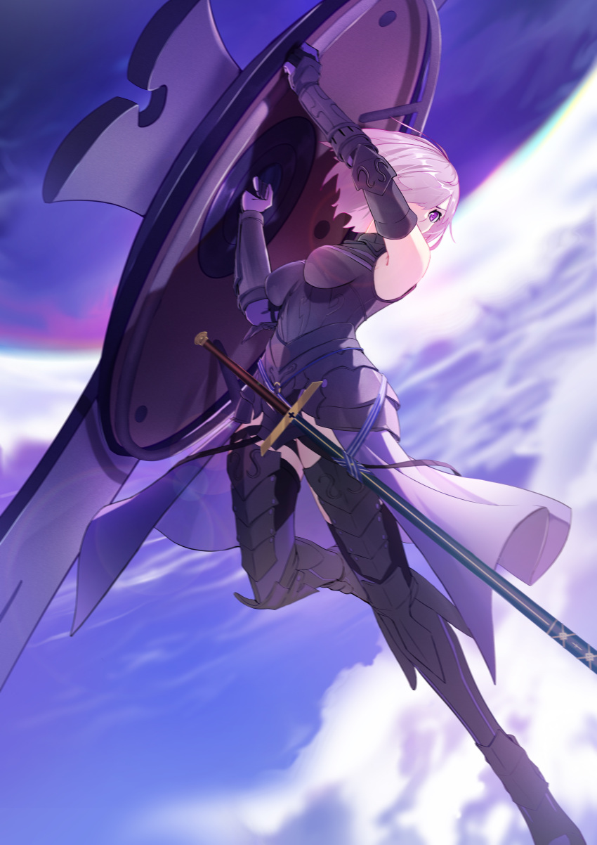 1girl absurdres armor armored_leotard black_armor blue_sky clouds commentary_request fate/grand_order fate_(series) floating_hair hair_over_one_eye highres ho_shi holding holding_shield holding_weapon light_purple_hair looking_away mash_kyrielight one_eye_covered sheath sheathed shield short_hair sky solo sword violet_eyes weapon