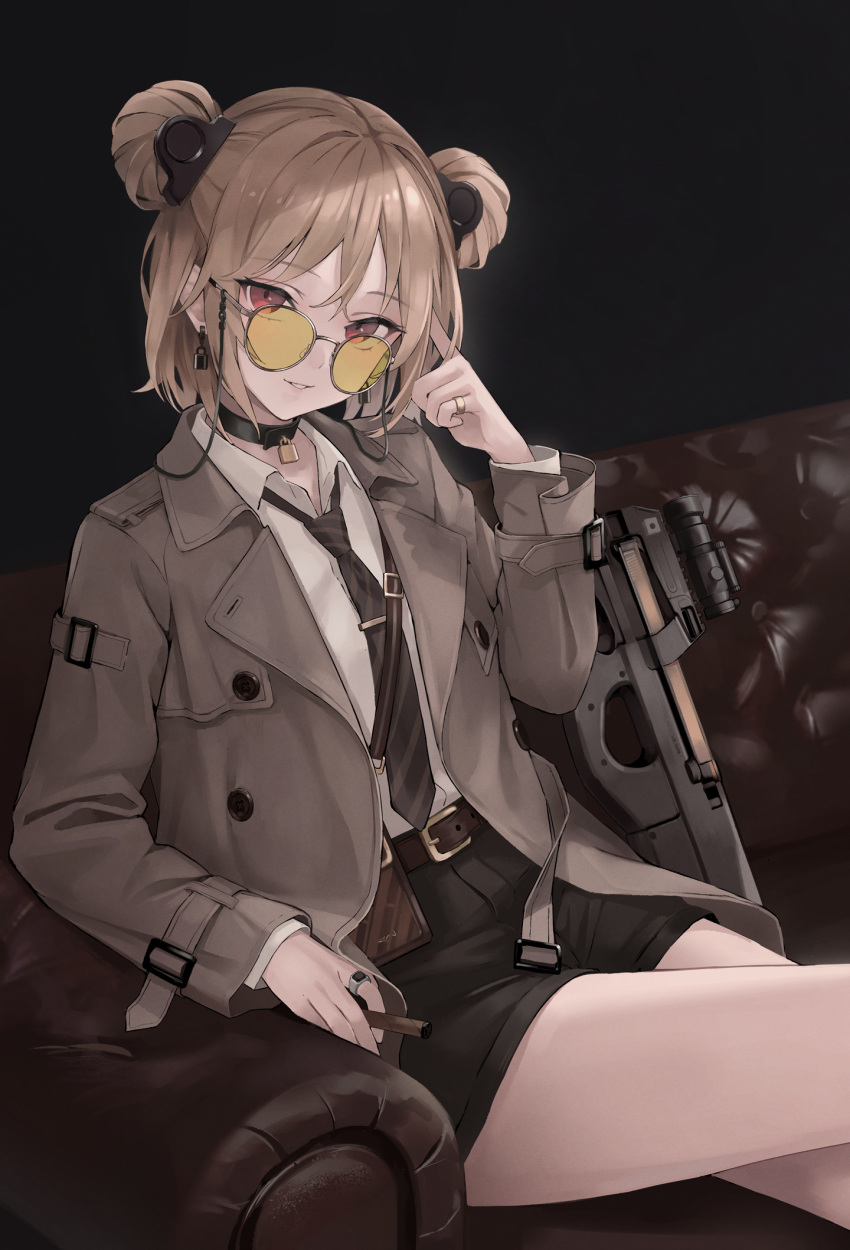 1girl belt brown_hair cigar coat couch crossed_legs earrings girls_frontline grin gun highres jewelry looking_at_viewer necktie p90_(girls'_frontline) red_eyes ring short_hair shorts sitting smile solo sugai_(4ugaii) sunglasses two_side_up weapon