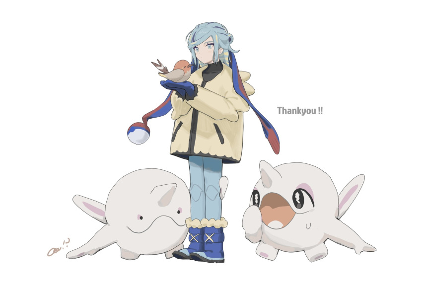 1boy blue_footwear blue_mittens boots cetoddle closed_mouth commentary_request cupping_hands ditto fletchling green_eyes green_hair grusha_(pokemon) highres holding holding_pokemon jacket long_sleeves male_focus medium_hair own_hands_together pants pokemon pokemon_(creature) pokemon_(game) pokemon_sv sameniku_umai scarf standing thank_you transformed_ditto white_background yellow_jacket