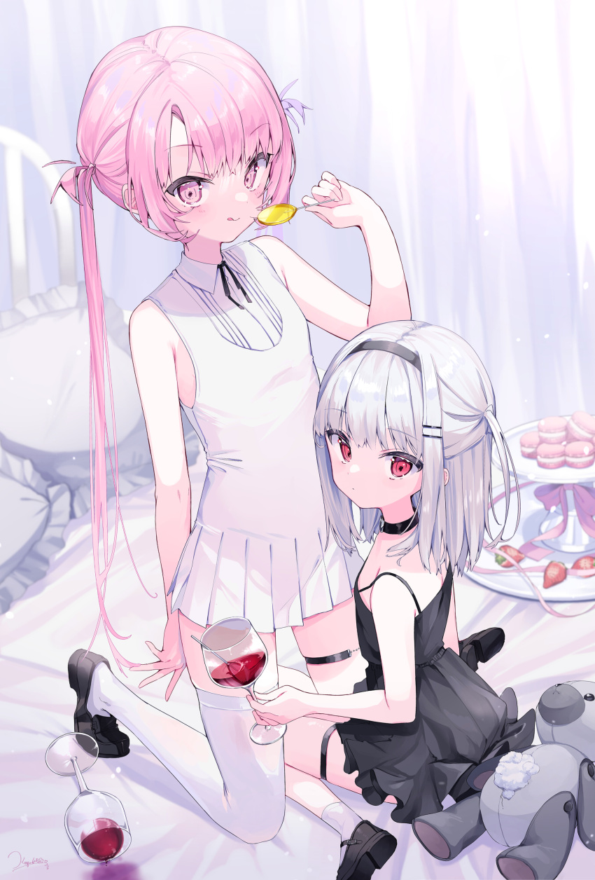 2girls :q absurdres bangs bare_arms black_choker black_dress black_footwear black_ribbon blush candy choker collared_dress commentary cup dress drinking_glass english_commentary food grey_hair hair_ornament hairband hairclip highres holding holding_cup kneeling koyubita loafers lollipop long_hair looking_at_viewer mary_janes medium_hair multiple_girls neck_ribbon on_bed original pillow pink_eyes pink_hair pleated_dress red_eyes ribbon shoes short_dress sidelocks single_thighhigh sitting skindentation sleeveless sleeveless_dress smile socks spaghetti_strap stuffed_animal stuffed_toy thigh-highs thigh_strap tongue tongue_out twintails very_long_hair wariza white_dress white_socks white_thighhighs wine_glass