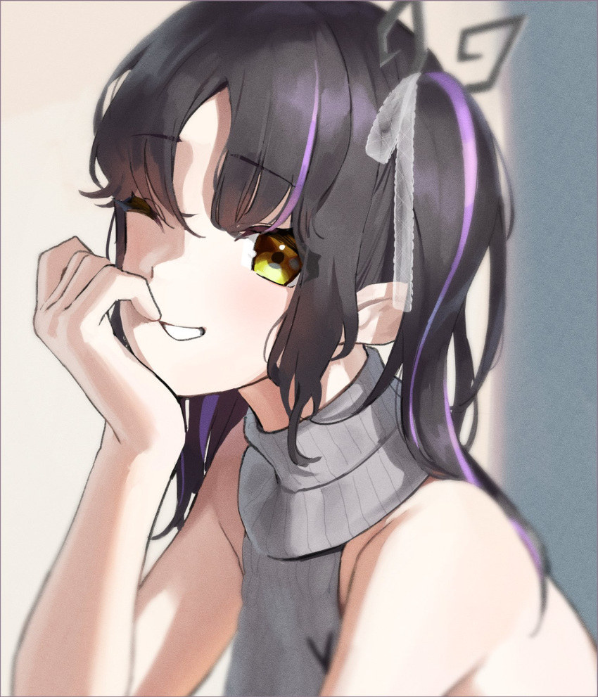 1girl 3f_(allunderstooder) 774_inc. aran_sweater bangs black_hair blush bow cable_knit commentary_request demon_girl demon_horns grey_sweater grin hair_bow halterneck hand_on_own_cheek hand_on_own_face highres horns kojo_anna long_hair looking_at_viewer meme_attire multicolored_hair official_alternate_costume one_eye_closed pointy_ears purple_hair ribbed_sweater sleeveless sleeveless_turtleneck smile solo sweater turtleneck turtleneck_sweater twintails two-tone_hair upper_body virgin_killer_sweater virtual_youtuber white_bow yellow_eyes