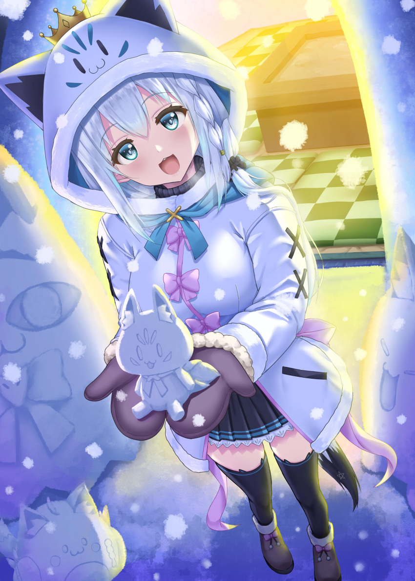 1girl :3 :d absurdres black_thighhighs boots braid brown_footwear commentary_request crown foreshortening fox_tail highres hololive hood hoodie jacket looking_at_viewer mittens open_mouth pentagram purple_mittens shirakami_fubuki skirt smile snow solo sweater_under_jacket tail thigh-highs thighs uehiro virtual_youtuber white_hair white_jacket winter zettai_ryouiki