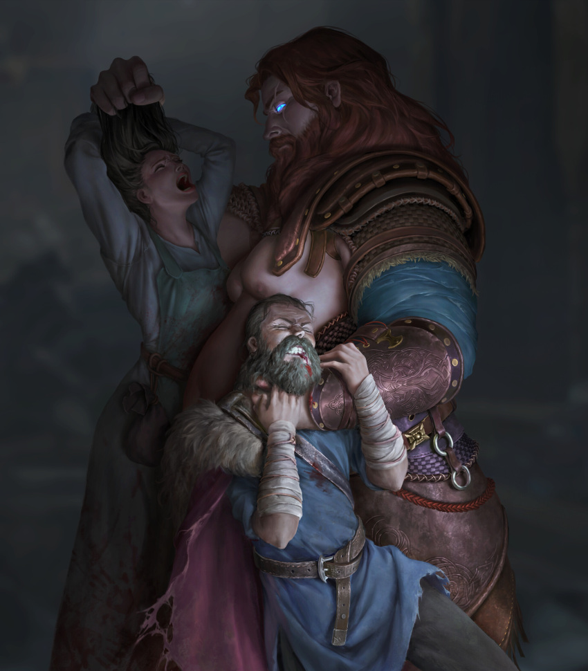 1girl 2boys armor b03di bare_pectorals beard belt belt_pouch blood blood_from_mouth blood_on_face blue_eyes bullying cape commentary english_commentary facial_hair glowing god_of_war god_of_war_ragnarok grabbing_another's_hair highres long_beard long_hair multiple_boys pectorals pouch red_cape redhead scar scar_on_face shoulder_armor strangling thor_(god_of_war)