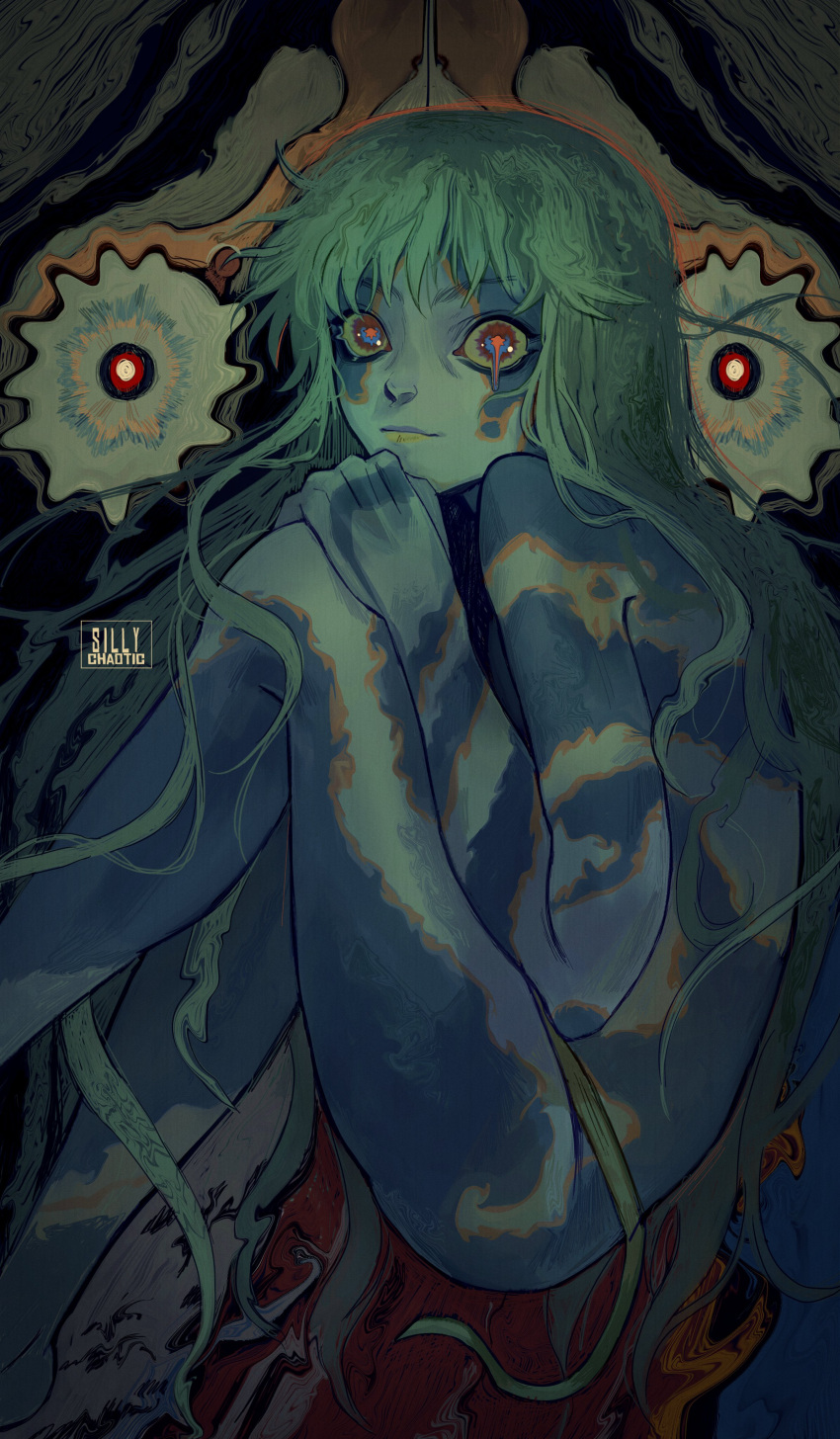 1boy absurdres artist_name blue_eyes bodypaint colored_skin facepaint green_hair highres hugging_own_legs light_smile long_hair looking_at_viewer multicolored_eyes nude puparia realistic red_eyes silly_chaotic solo